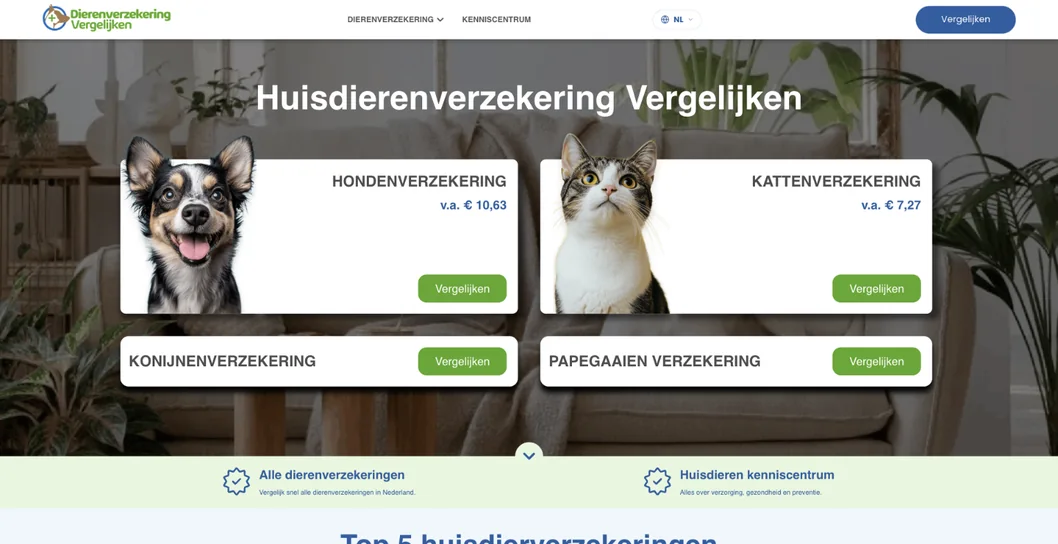 Dierenverzekering Vergelijken homepage: compare dog, cat, rabbit and parrot insurance
