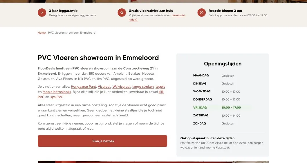 Showroom page, opening hours and introduction