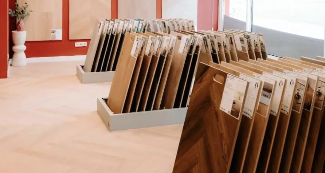 Rows of floor sample stands in the showroom