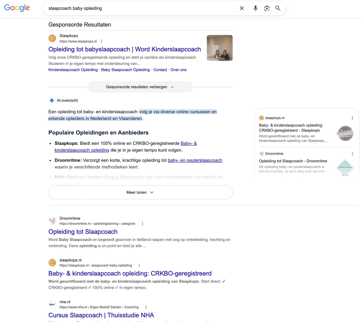 Google results for “slaapcoach baby opleiding”: Slaapkops in the ad, the AI Overview and the organic results